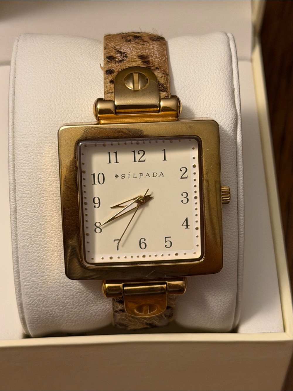 Silpada Kalahari Women's Square Watch: Gold Tone Case & Cheetah Calf-Hair Strap